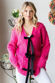 First Love Tie Closure Open Knit Cardigan Deep Rose Cardigans