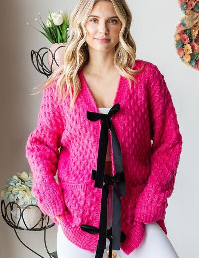 First Love Tie Closure Open Knit Cardigan Deep Rose Cardigans