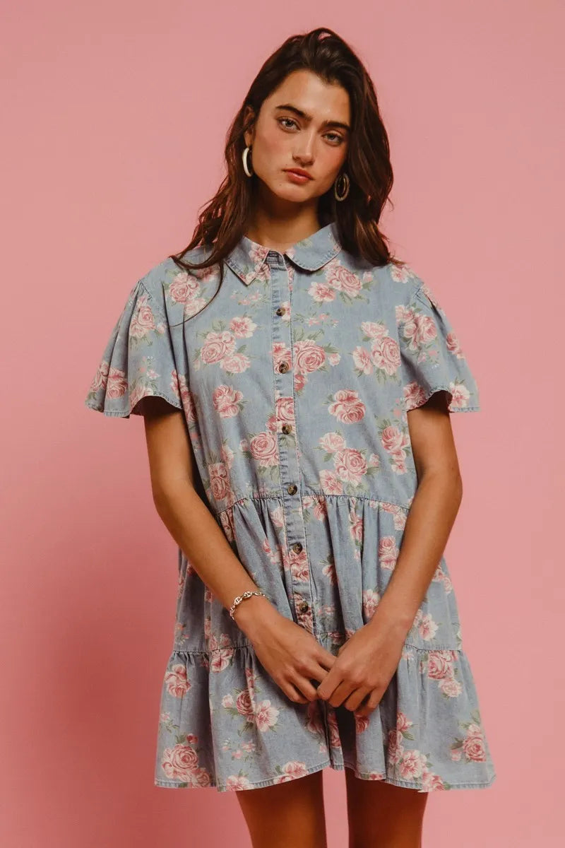 BiBi Floral Print Washed Lightweight Tiered Shirt Dress | Mini Dresses Daverri Fashions