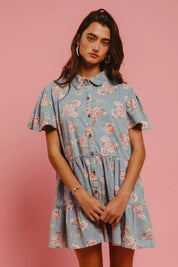 BiBi Floral Print Washed Lightweight Tiered Shirt Dress | Mini Dresses Daverri Fashions