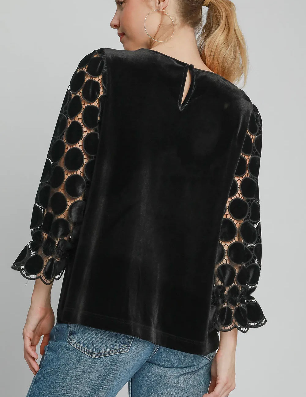Umgee Polka Dot Lace Long Sleeve Round Neck Blouse | Blouses Daverri Fashions