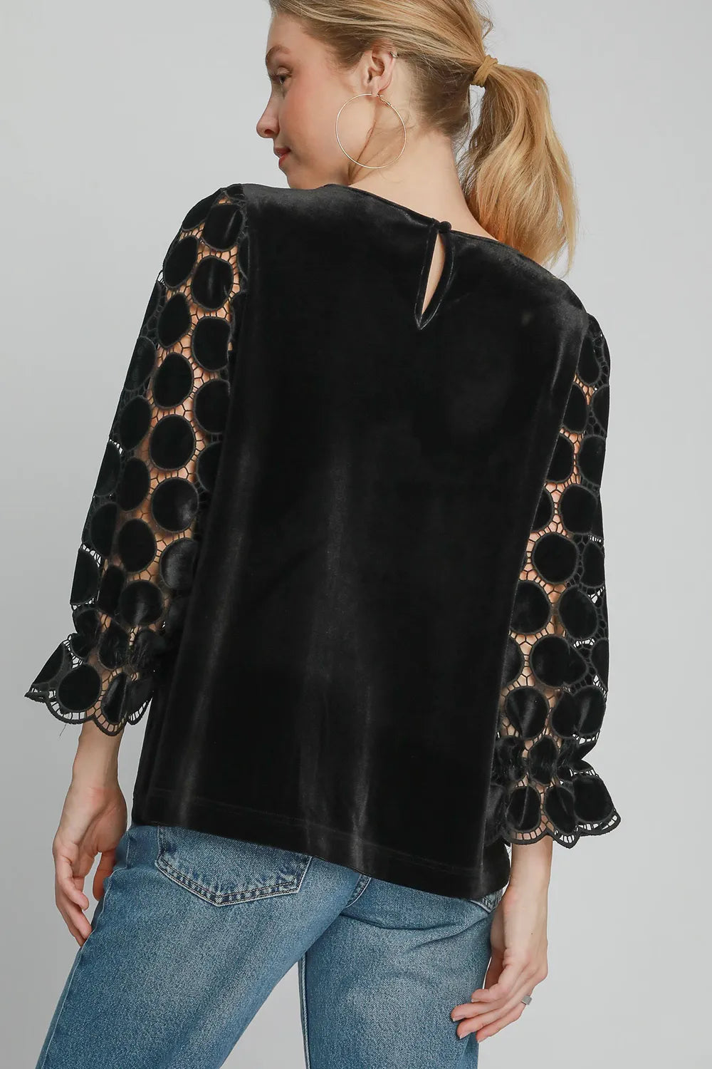 Umgee Polka Dot Lace Long Sleeve Round Neck Blouse | Blouses Daverri Fashions