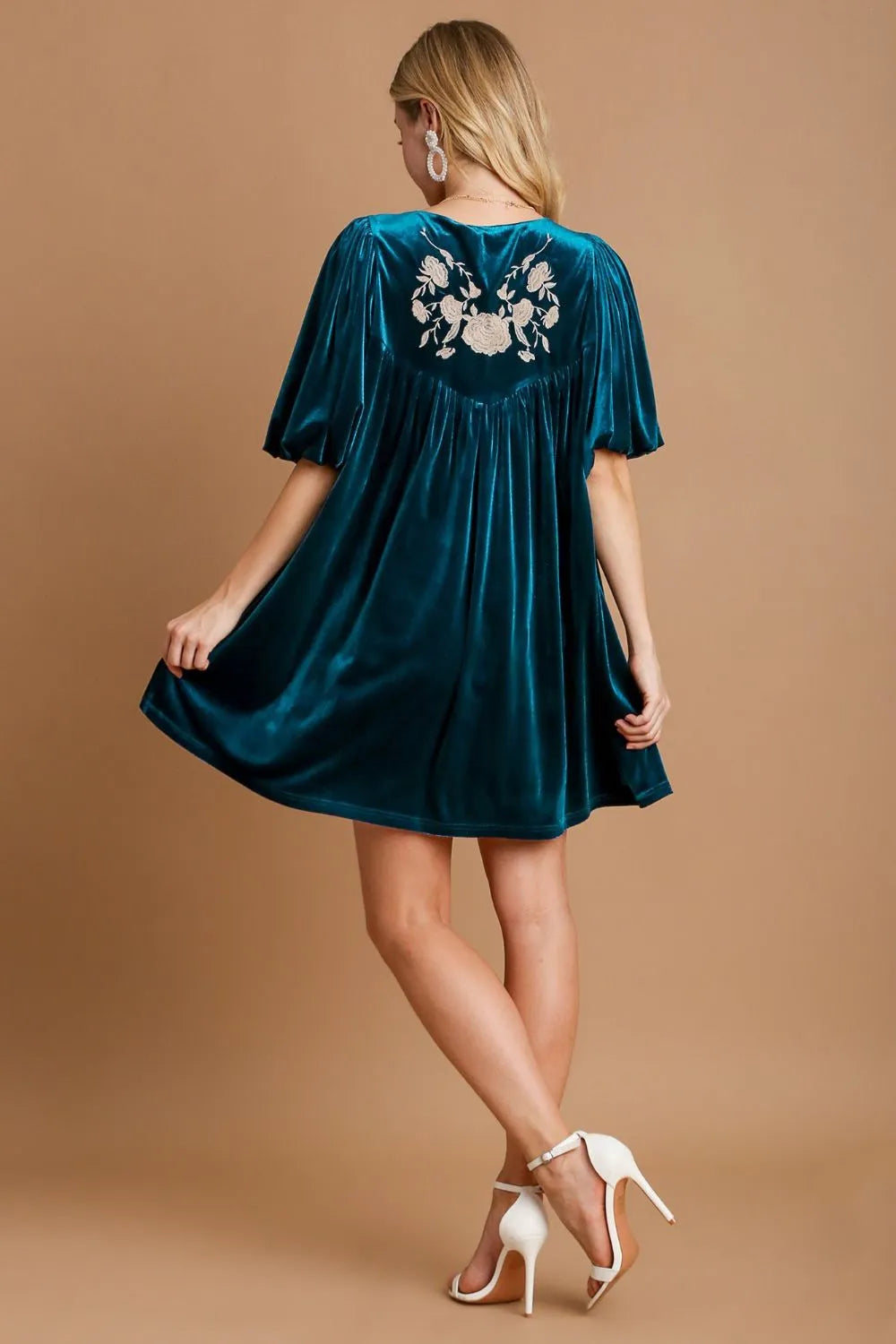Umgee Embroidered Half Sleeve Velvet Mini Dress with Tassel Mini Dresses