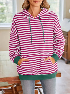 Lovelet Drawstring Striped Long Sleeve Hoodie - DAVERRI FASHIONS