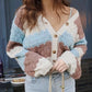 Cozy color block button up cardigan in cream, blue, rose stripes