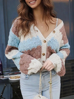 Cozy color block button up cardigan in cream, blue, rose stripes