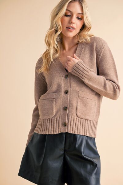 Aemi + Co Ribbed Hem Button Down V-Neck Cardigan Cardigans