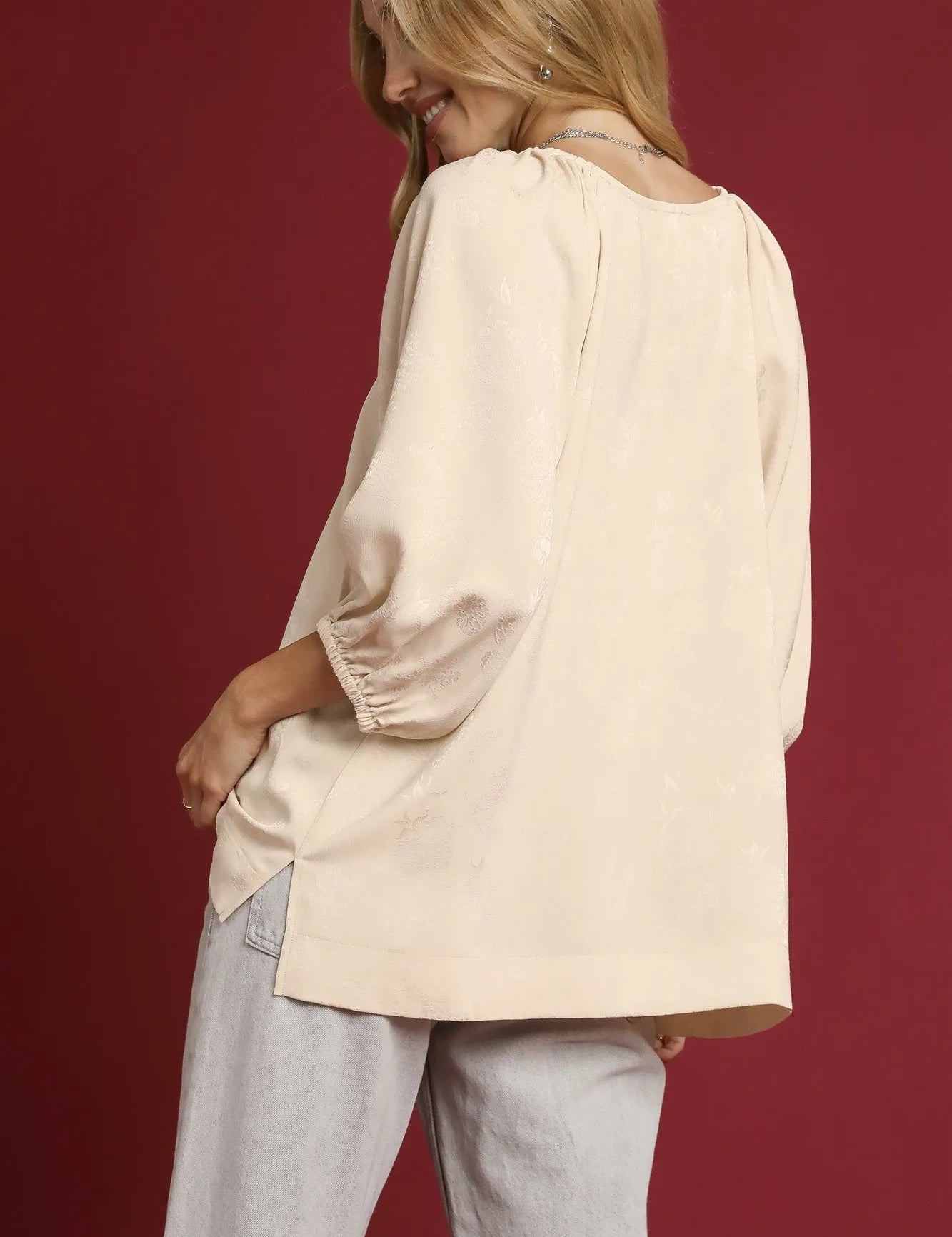 Umgee Satin Jacquard Balloon Sleeve Blouse | Blouses Daverri Fashions