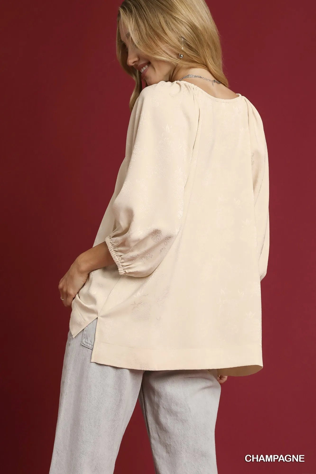 Umgee Satin Jacquard Balloon Sleeve Blouse Blouses