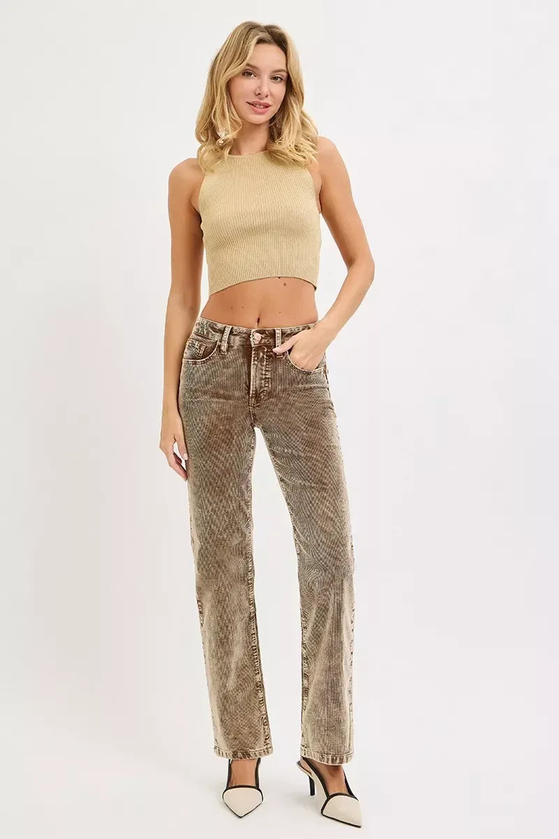 RISEN Tummy Control Mid Rise Straight Leg Corduroy Pants - DAVERRI FASHIONS