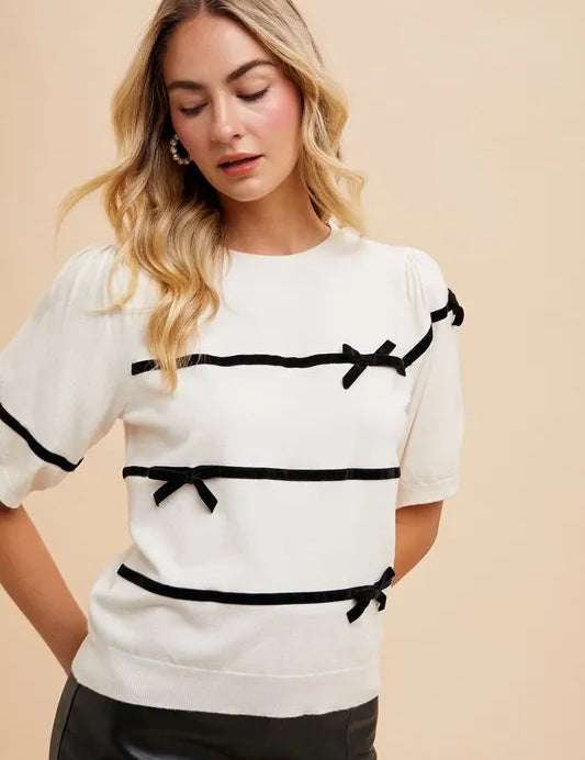 White Annie Wear Striped Bow Round Neck Knit Top | Tops Daverri Fashions