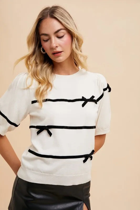 Annie Wear Striped Bow Round Neck Knit Top White