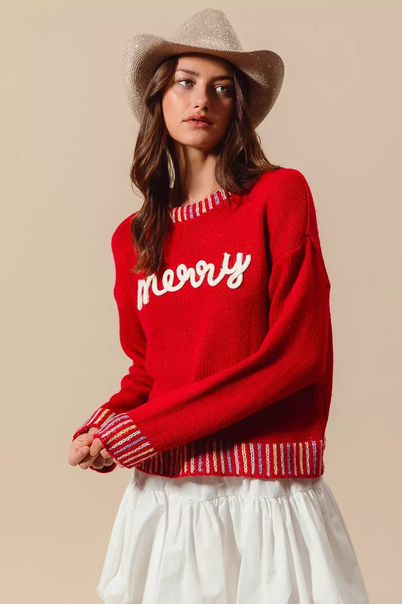 SO ME Merry Lettering Embroidered Christmas Sweater | Sweaters Daverri Fashions