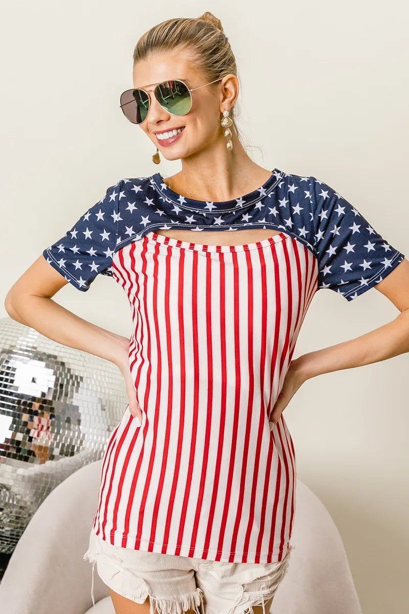 BiBi American Flag Theme Front Cut Out Top Tops