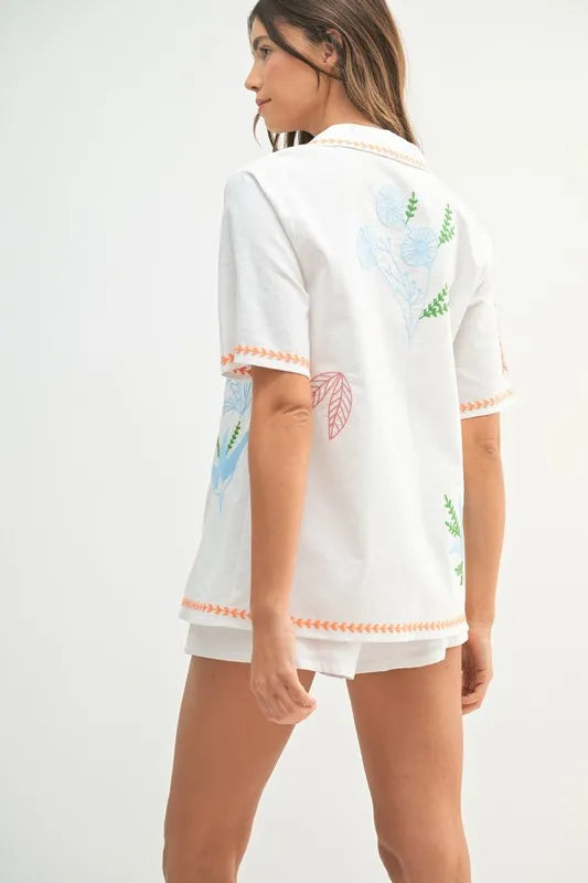 MABLE Embroidered Button Down Shirt and Shorts Set Outfit Sets