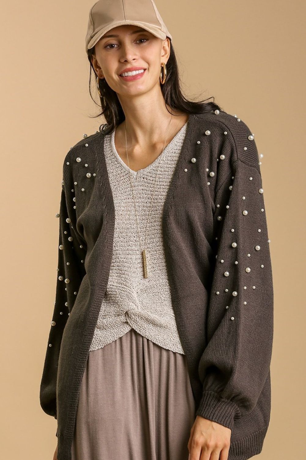 Umgee Open Front Cardigan with Long Sleeve Pearl Details Cardigans