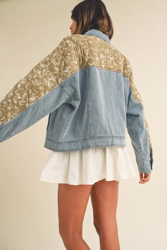 MABLE Quilted Paisley Print Contrast Denim Jacket