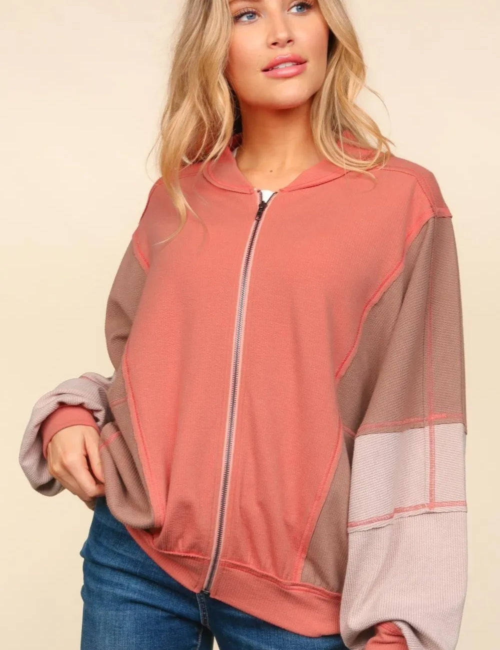 Sienna Camel Sand Haptics Zip Up Color Block Bomber Jacket with Side Pockets | Daverri Fashions