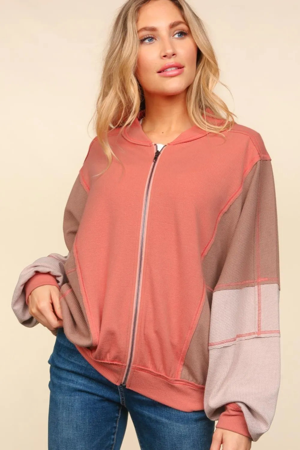 Haptics Zip Up Color Block Bomber Jacket with Side Pockets Sienna Camel Sand