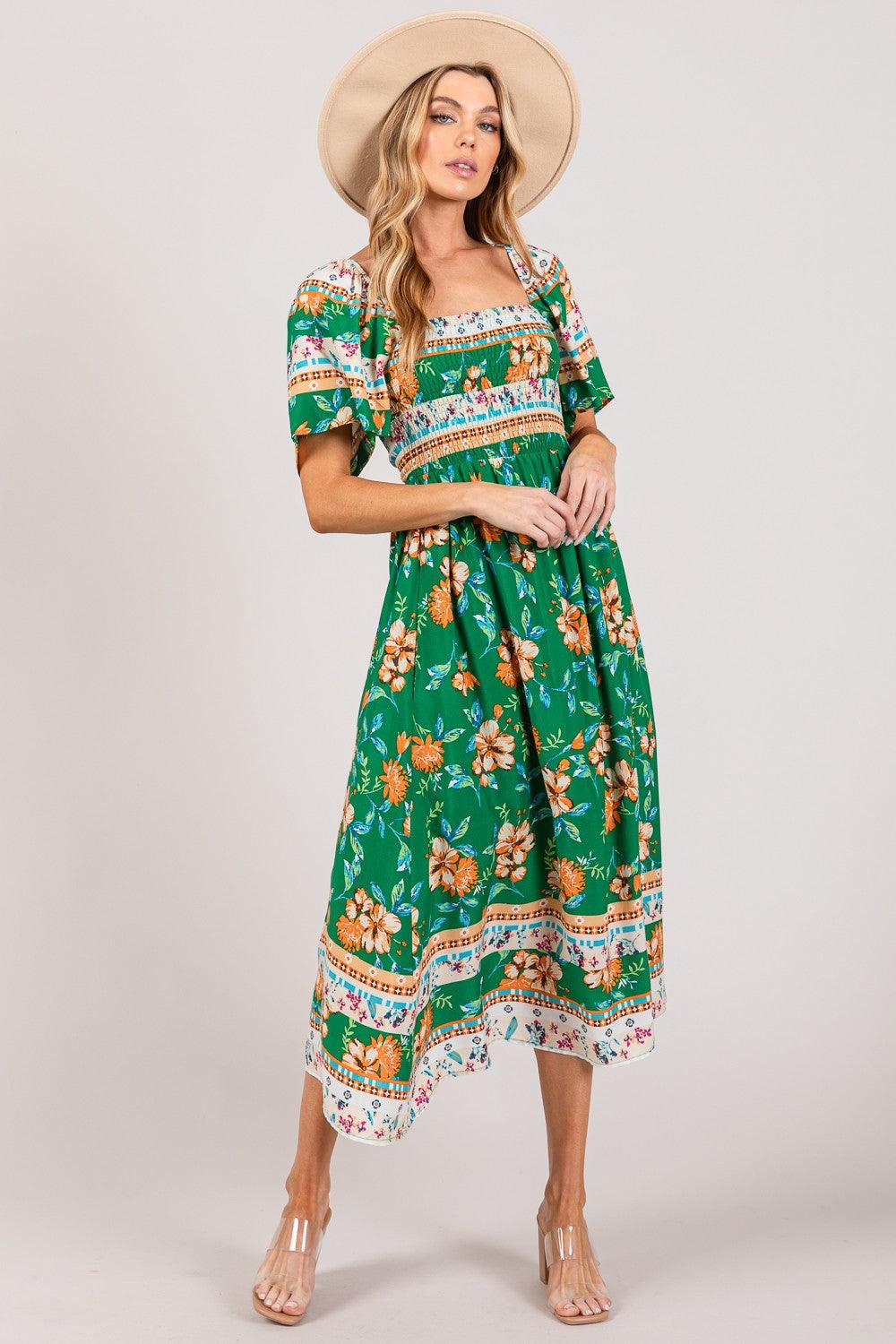 SAGE + FIG Printed Smocked Short Sleeve Midi Dress Midi Dresses