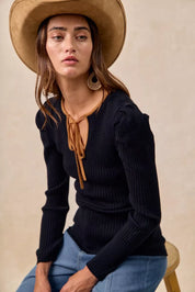 BiBi Ribbed Contrast Front Tied Shirred Fabric Top | Tops Daverri Fashions