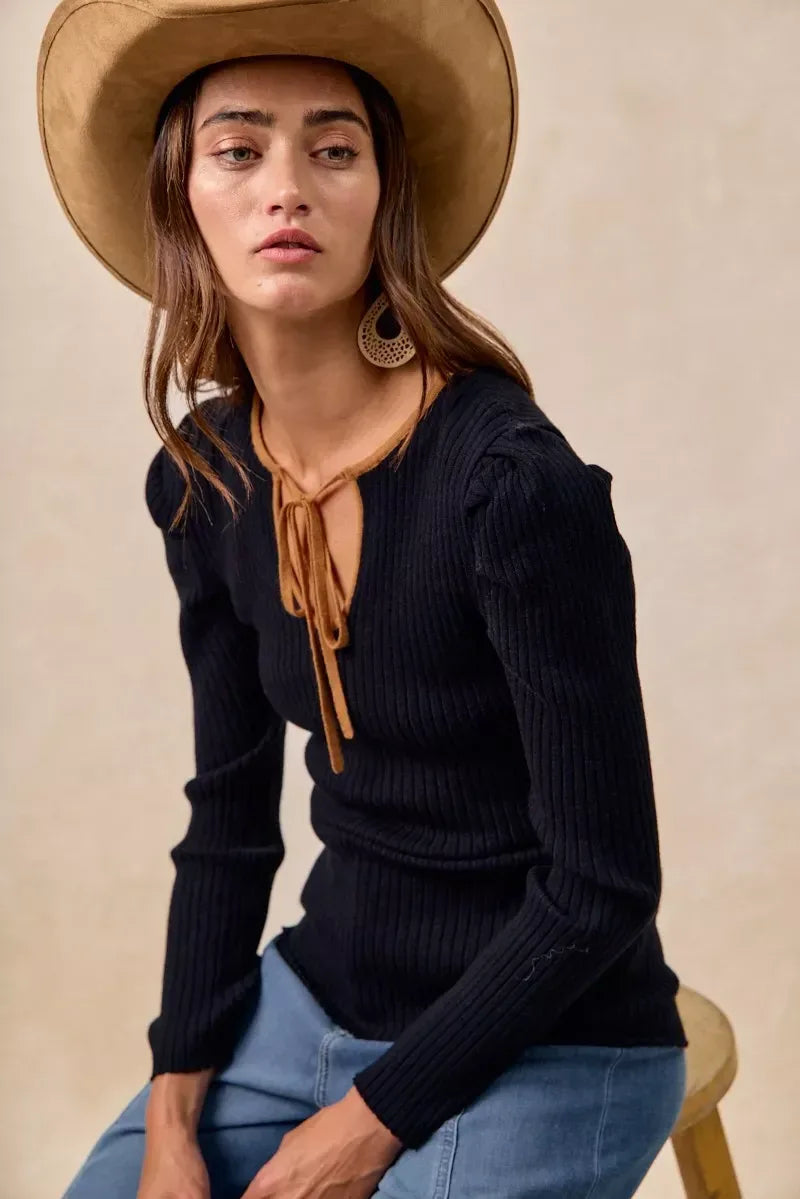 BiBi Ribbed Contrast Front Tied Shirred Fabric Top - DAVERRI FASHIONS