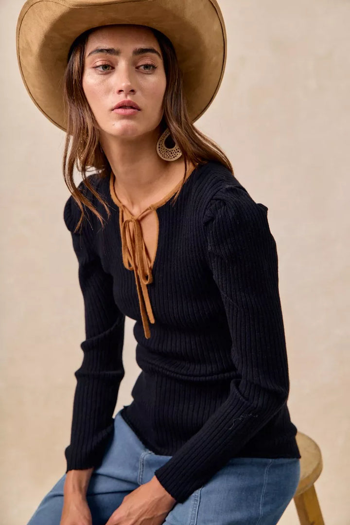 BiBi Ribbed Contrast Front Tied Shirred Fabric Top | Tops Daverri Fashions
