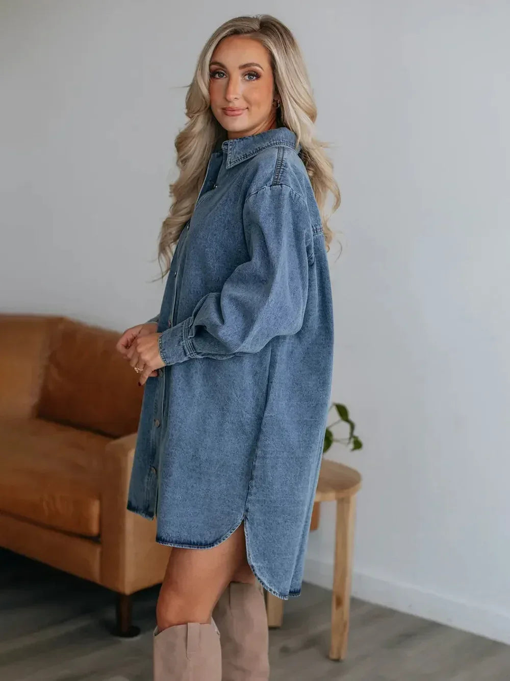 Button Up Collared Neck Long Sleeve Denim Dress - DAVERRI FASHIONS