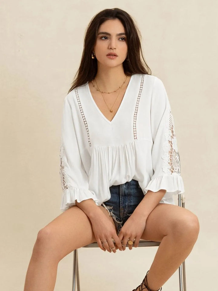 V-Neck Lace Flounce Sleeve Top | Blouses Daverri Fashions