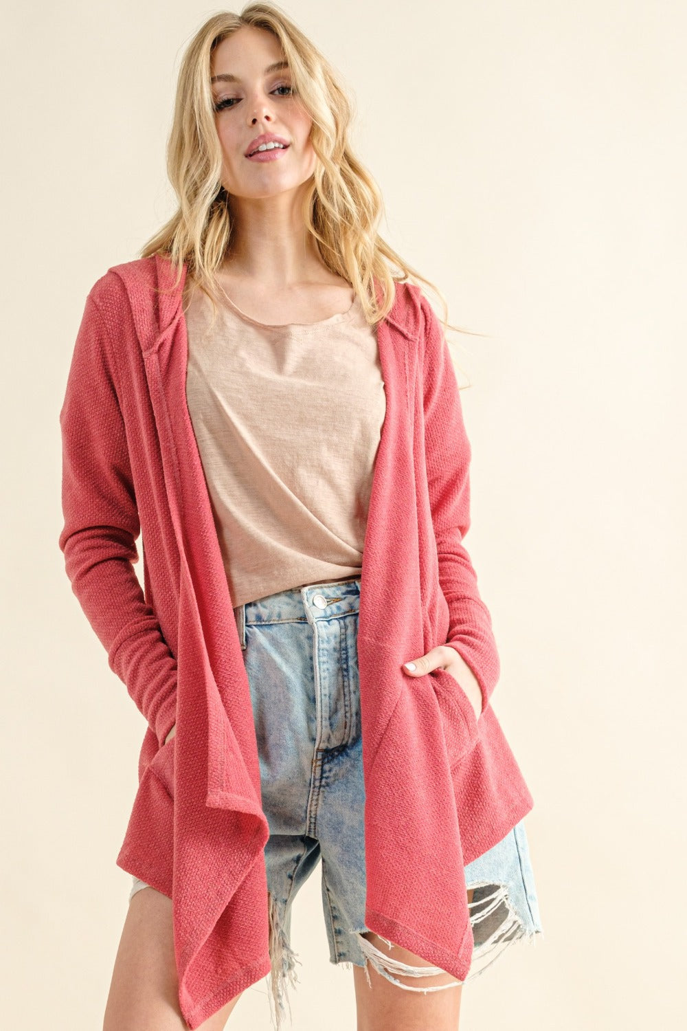 And The Why Full Size Thermal Hooded Open Front Cardigan with Pockets Rose Pink Cardigans