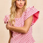 BiBi Heart Patterned Knit Top with Pink Fabric and Ruffled Sleeves