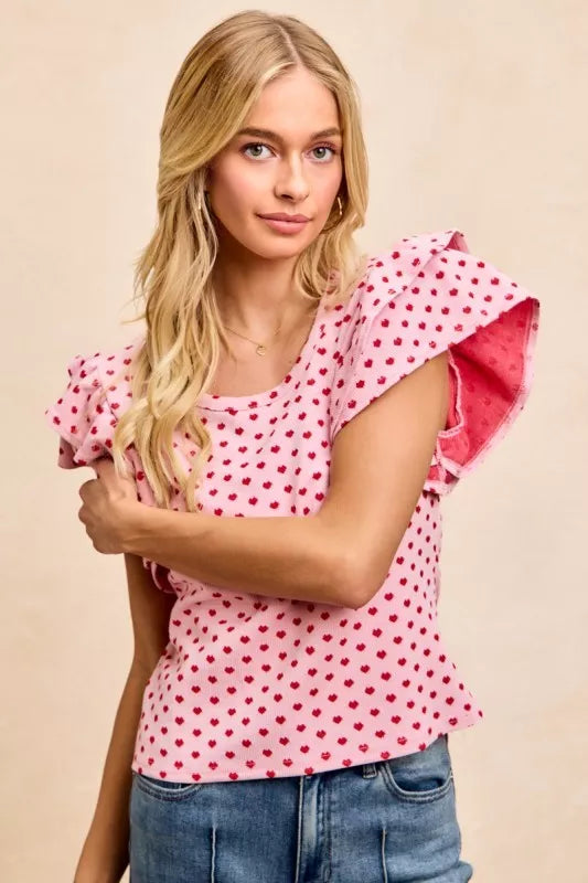 BiBi Heart Patterned Knit Top with Pink Fabric and Ruffled Sleeves