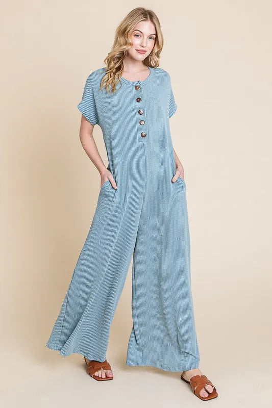 BOMBOM Rib Knit Jumpsuit with Button Detail Jumpsuits