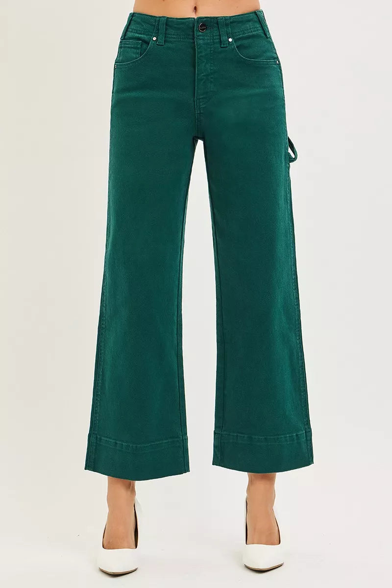 RISEN emerald green high-rise wide-leg crop pants with cargo pockets