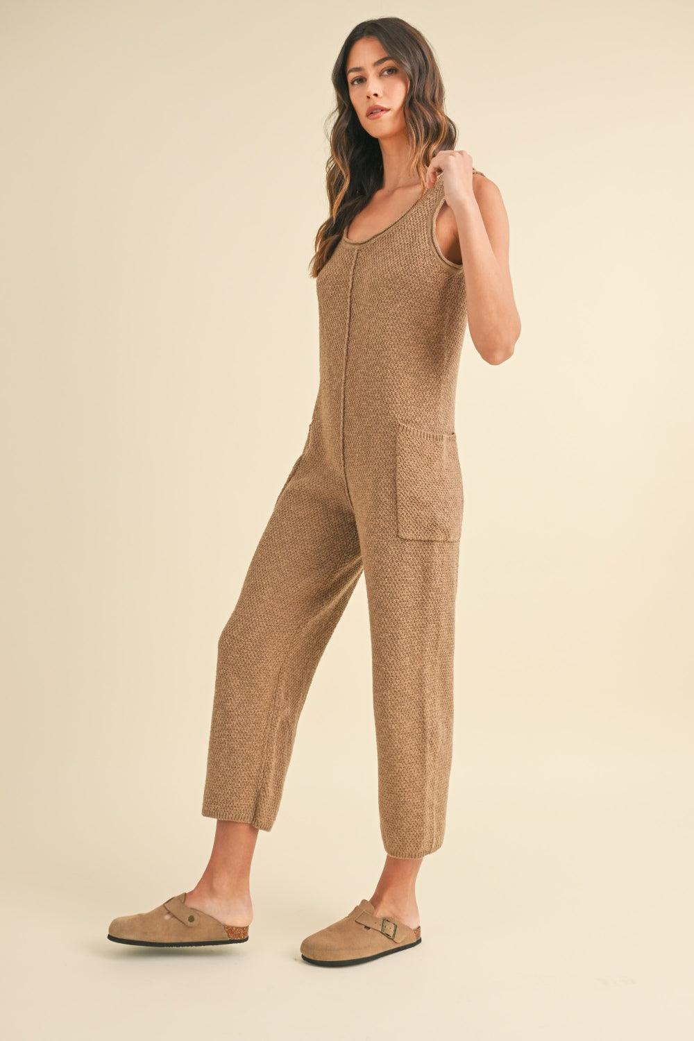 MABLE Sleeveless Knit Crop Jumpsuit with Pockets - DAVERRI FASHIONS