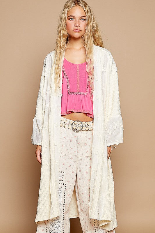 POL Flower Lace Trim Open Front Longline Cardigan Cream