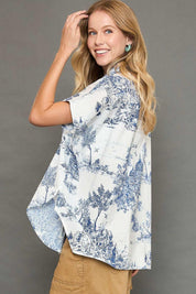 Umgee Full Size Two Tone Print Button Up Short Sleeve Shirt Plus Size | Daverri Fashions