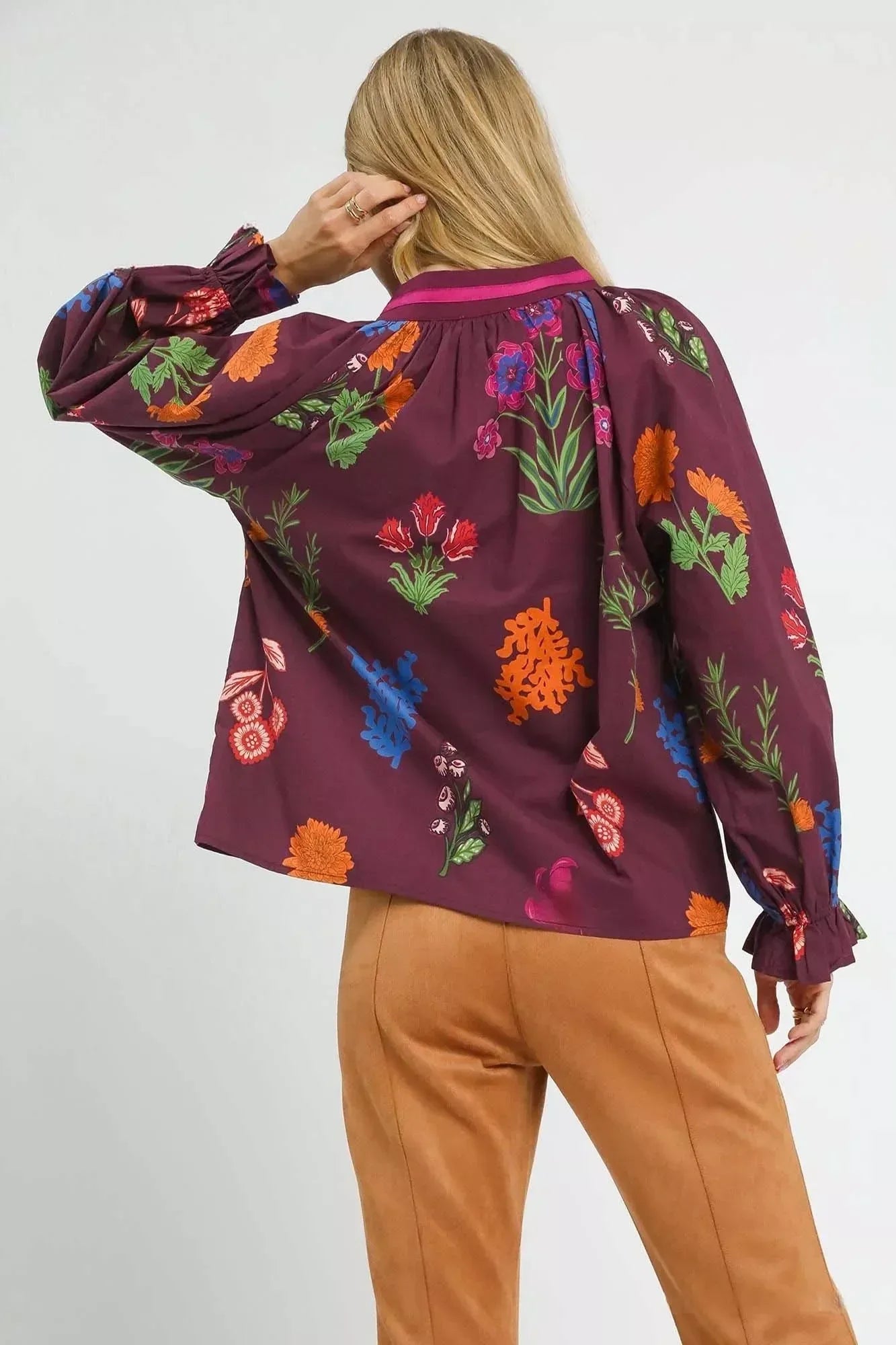 Umgee Floral Print Flounce Sleeve Blouse - DAVERRI FASHIONS