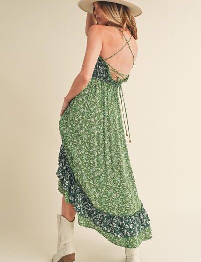 Aemi + Co Green Ditsy Floral Ruffled Hem Maxi Cami Dress Cami Dresses