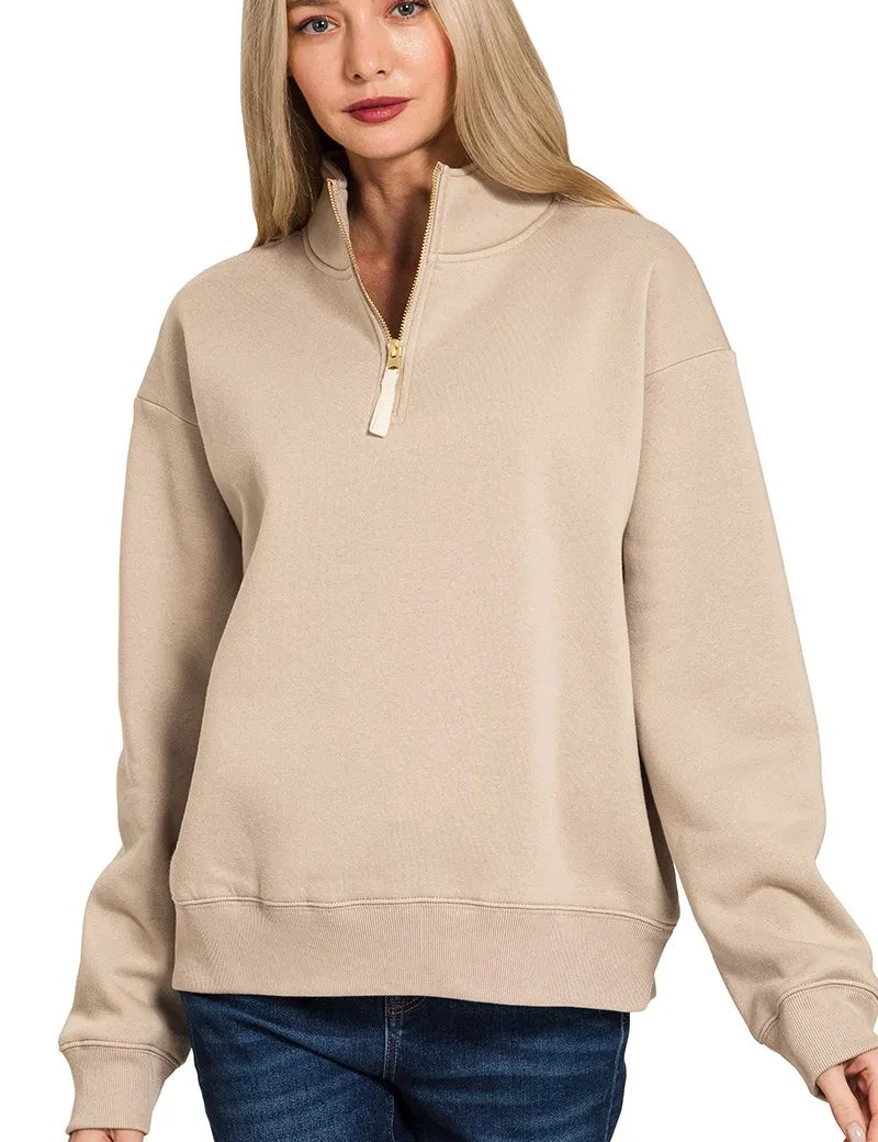 ASH MOCHA Zenana Fleece Half Zip Sweatshirt Ash Mocha | Sweatshirts Daverri Fashions
