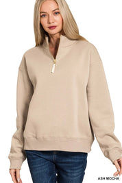 ASH MOCHA Zenana Fleece Half Zip Sweatshirt Ash Mocha | Sweatshirts Daverri Fashions