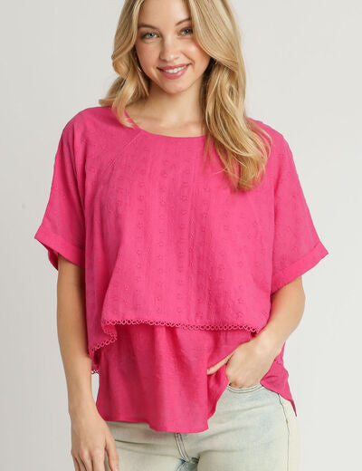 Umgee Full Size Eyelet Layered Short Sleeve Blouse Hot Pink Tops