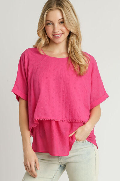 Umgee Full Size Eyelet Layered Short Sleeve Blouse Hot Pink Tops