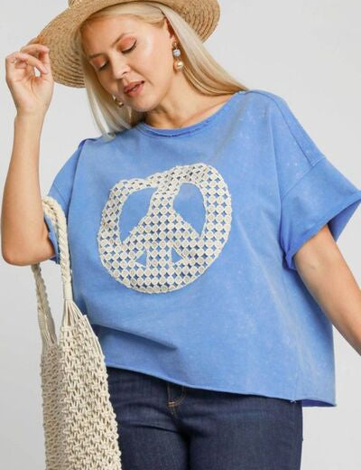 Umgee Full Size Mineral Wash T-Shirt with Lace Applique Plus Size T-Shirts