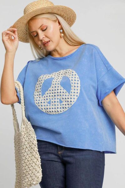 Umgee Full Size Mineral Wash T-Shirt with Lace Applique Plus Size T-Shirts