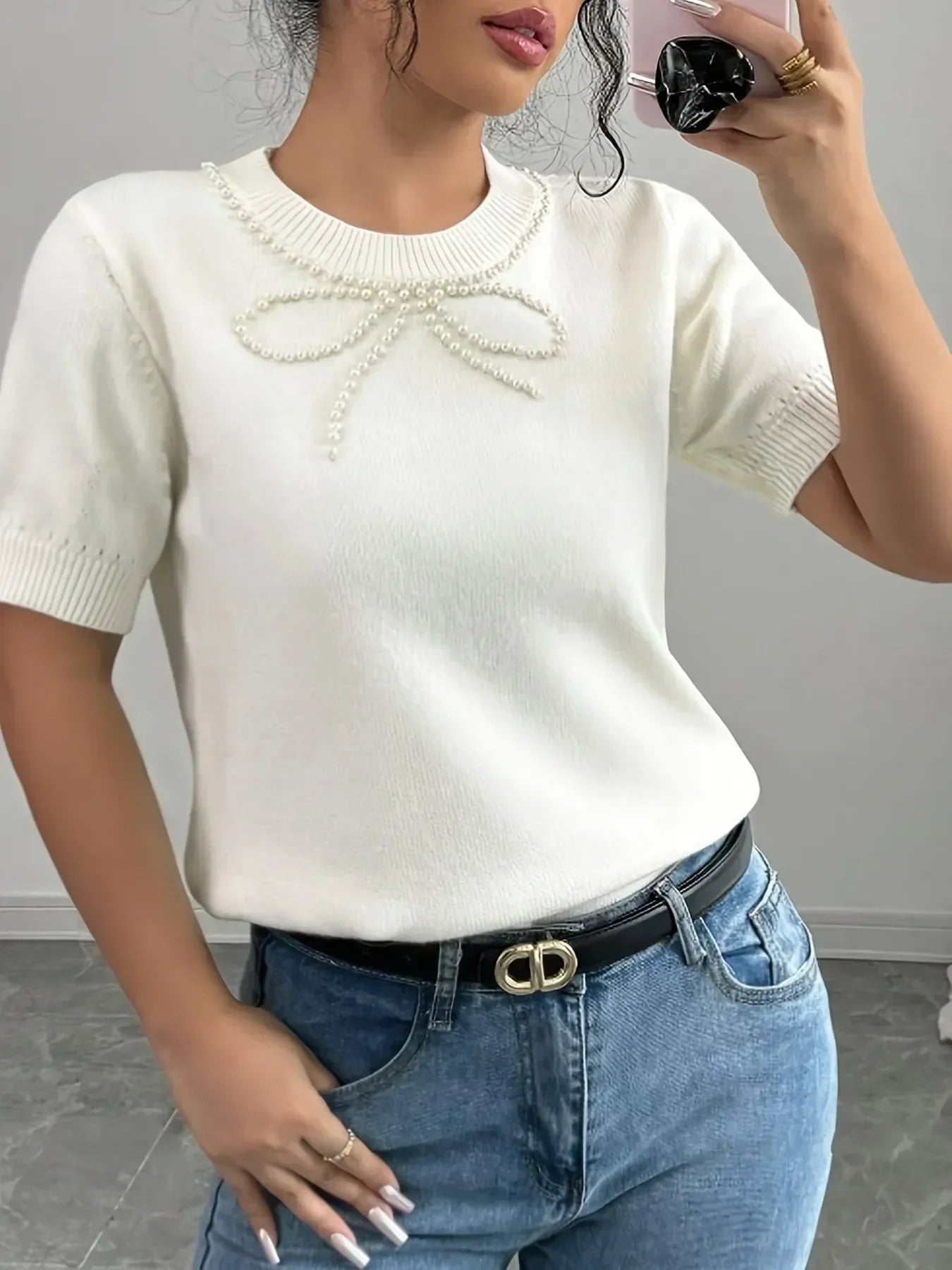 Pearl Bow Embellished Round Neck Sweater - DAVERRI FASHIONS