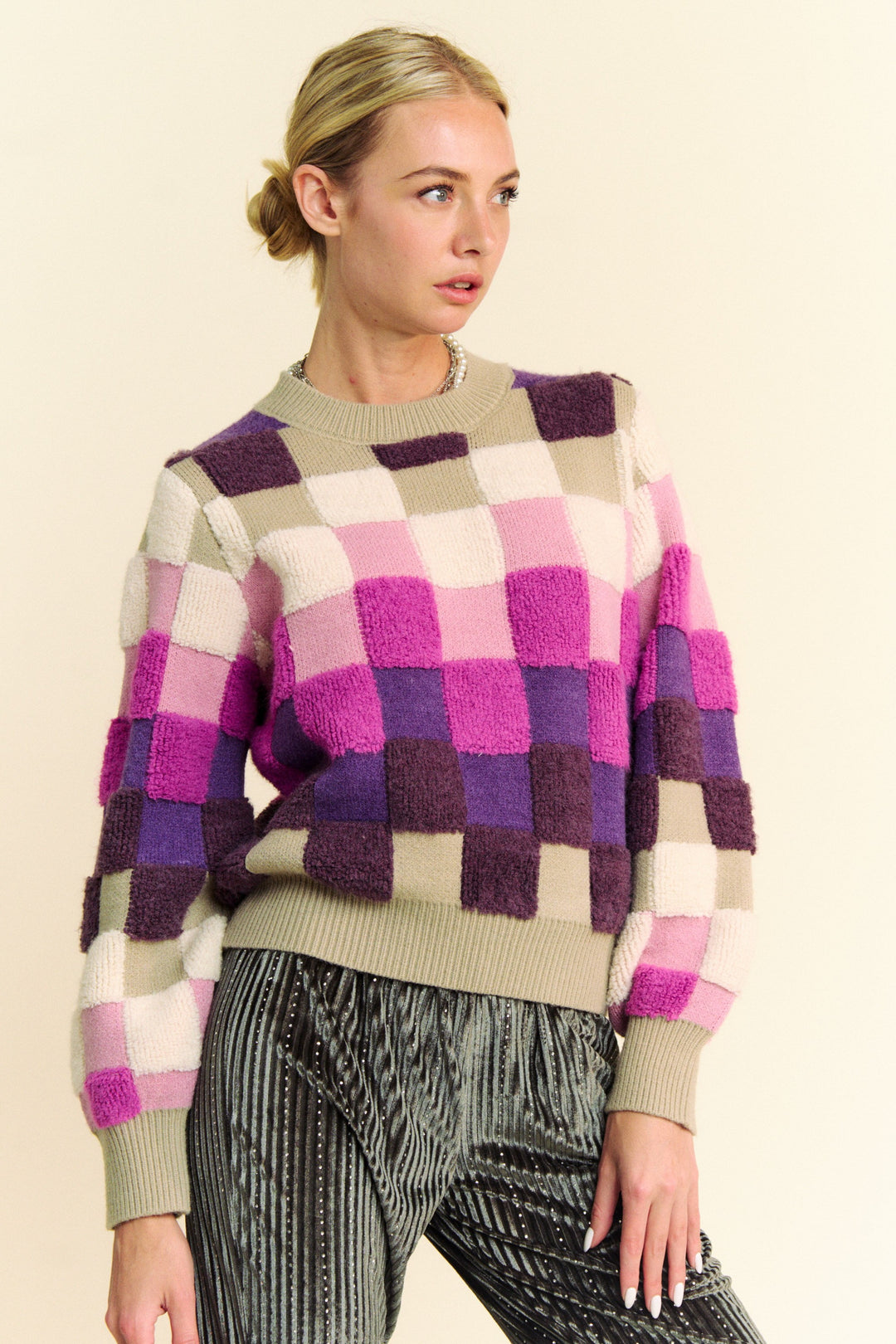 Davi & Dani Checkered Round Neck Long Sleeve Sweater Purple Multi Tops