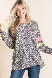 N.PINK N.GREEN BiBi Leopard Thermal Top with Contrast Color Block | Tops Daverri Fashions