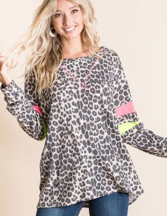 N.PINK N.GREEN BiBi Leopard Thermal Top with Contrast Color Block | Tops Daverri Fashions