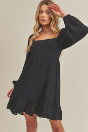 Aemi + Co Ruffled Hem Square Neck Balloon Sleeve Mini Dress Black